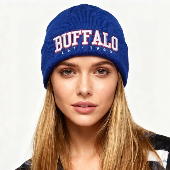 Women's Blue & Red Soft Knit Winter Hat For Cold Weather Beanie Toque Hat - Picture 6 of 6